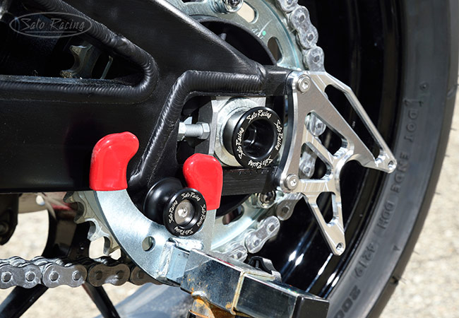 SATO RACING Race Concept Rear Axle Sliders andSwingarm Spools on on a 2020 Honda CBR1000RR-R