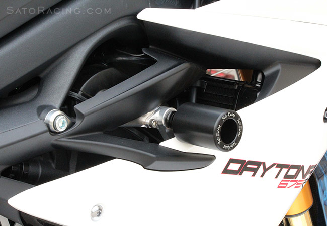 SATO RACING Frame Sliders (right side) on a 2013 Daytona 675R
