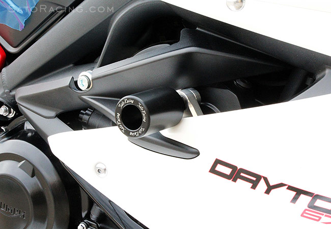 SATO RACING Frame Sliders (right side) on a 2013 Daytona 675R