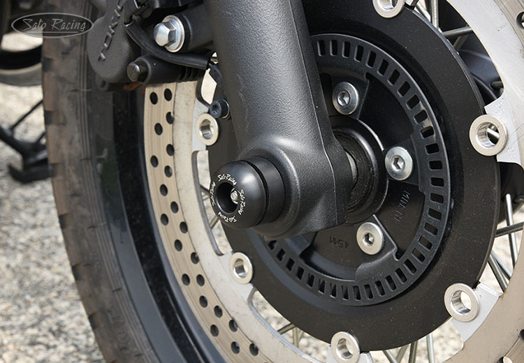 SATO RACING Front Axle Sliders on a KAWASAKI W800