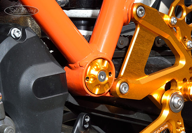 SATO RACING Lower Frame Plug in GOLD on a 2020+ KTM 1290 Super Duke R