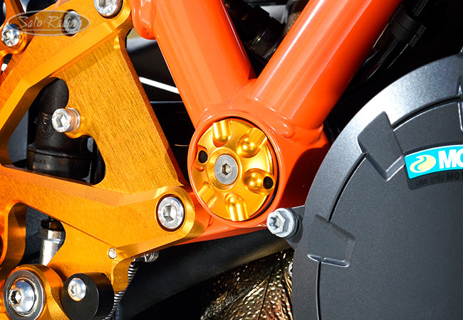 SATO RACING Lower Frame Plug in GOLD on a 2020+ KTM 1290 Super Duke R