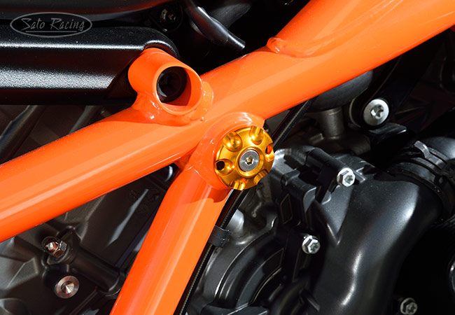 SATO RACING Upper Frame Plug in GOLD on a 2020+ KTM 1290 Super Duke R