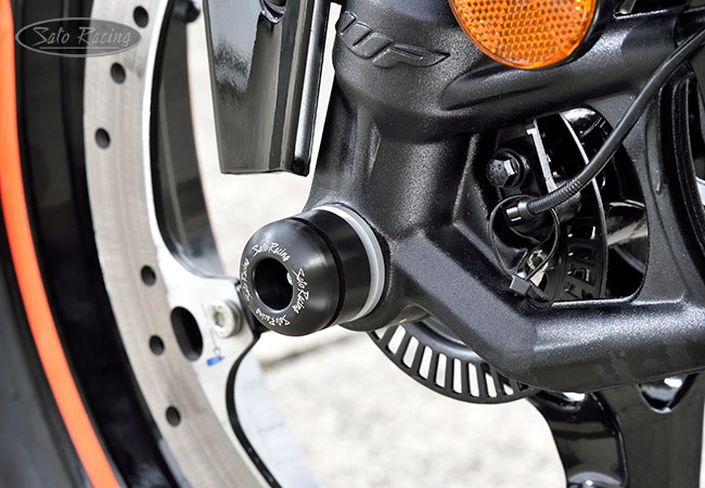 SATO RACING Front Axle Sliders on a 2022 RC390