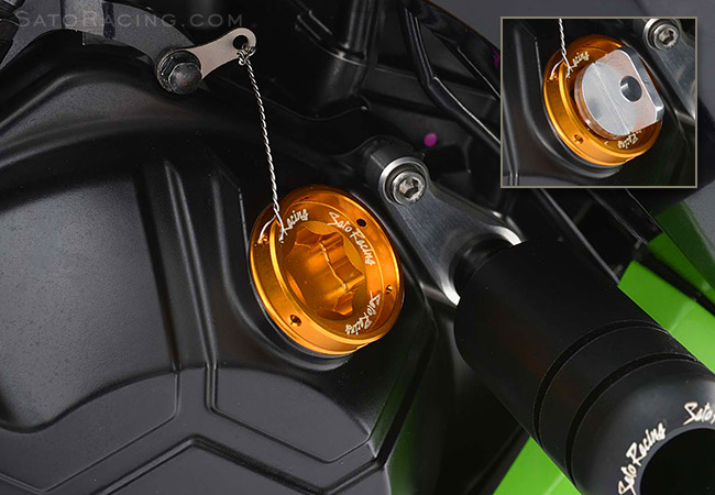 SATO RACING Oil Filler Cap and Titanium Locking Plate on a Ninja 300