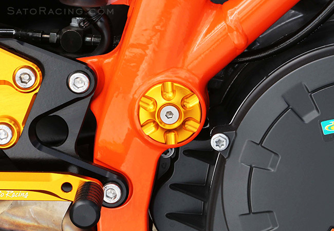 SATO RACING Lower Frame Plug in GOLD on a KTM 1290 Super Duke R